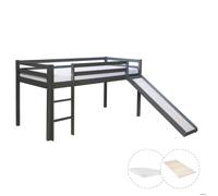 Lit mezzanine avec matelas, sommier à lattes et toboggan, 90 x 200 cm, lit d'enfant gris, en bois massif