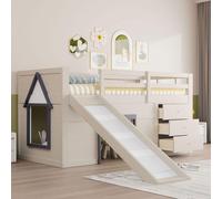 Lit mezzanine bas pour enfant 90 x 200 cm avec toboggan, commode à 3 tiroirs et 2 portes, lit ludique en pin, blanc crème