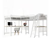 Lit Mezzanine-Blanc 90x200cm-Avec 2 Lits Superposés-Bureau-Double Escalier-Rampe Haute-Sans Matelas