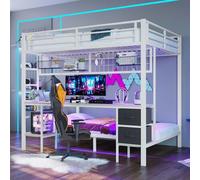 Lit mezzanine blanc avec cadre en fer et bureau, avec barre LED 7 couleurs, connexion USB, tiroirs et étagères, sans matelas, 90*200/140*200