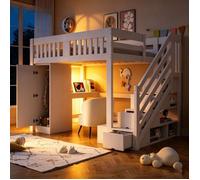 Lit Mezzanine Bois 140x200cm, Dimensions 254x144x170cm, Charge Max 120kg, Banquette de Rangement, Bureau avec Prise b LIT MEZZANINE