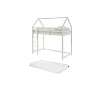 Lit mezzanine cabane 90 x 190 cm - Pin - Blanc + Matelas - TARZIA