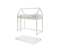 Lit mezzanine cabane 90 x 190 cm - Pin - Blanc + Matelas - TARZIA