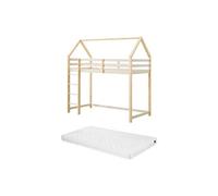 Lit mezzanine cabane 90 x 190 cm - Pin massif - Beige et naturel + Matelas - TARZIA