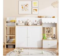 Lit Mezzanine Cabane Enfant 90x200cm, Bois Massif Mi-hauteur,Échelle,Rangement Ouvert, Blanc/bois, Sans Matelas, Desi LIT MEZZANINE