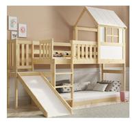 Lit Mezzanine Cabane Superposé 90x200 cm avec Toboggan - Bois Massif Pin Naturel, Espace Jeu / Lit au Sol & Sommier Inclus
