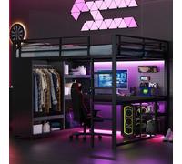 Lit mezzanine de gaming en métal 160 x 200 cm avec éclairage LED, bureau, armoire ouverte et étagères, noir