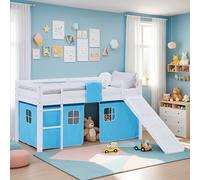 Lit mezzanine d'enfant 90x200 avec toboggan lit surélevé rideau bleu Homestyle4u