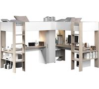 Lit Mezzanine Double Enfant ALEXANDRA, 2x90x200 cm, Blanc/Chene, Avec 2 Bureaux et Rangement, Sommiers Inclus, PARISOT