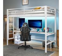 Lit mezzanine élégant avec bandes LED, table avec USB & prise de courant, garde-corps solide et escabeau, commandé par app, métallique, blanc , 90x200 cm