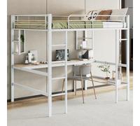Lit mezzanine élégant en acier avec bureau et espace de rangement - peu encombrant pour les enfants, les adolescents et les adultes. 140x200 cm, blanc