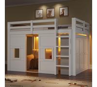 Lit mezzanine en bois de 140 x 200 cm avec armoire intégrée, 2 fenêtres et éclairage LED, blanc