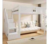 Lit mezzanine en bois massif avec grille de sécurité et échelle Blanc 140 x 200 cm