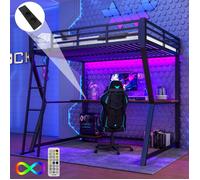 Lit mezzanine en fer 140 x 200 avec éclairage led, prise + USB, lits superposés avec bureau et étagère pour console d'ordinateur
