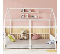 Lit mezzanine en forme de maison 90 x 200 cm – Lit d'enfant blanc, structure en fer, design en forme de maison, balustrade, échelle, aspect lit double, 186 x 206 x 174,5 cm, pour chambre d'enfant