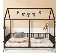 Lit mezzanine en forme de maison 90 x 200 cm – Lit d'enfant noir, structure en fer, design en forme de maison, balustrade, échelle, aspect lit double, 186 x 206 x 174,5 cm, pour chambre d'enfant