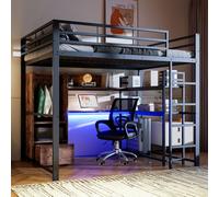 Lit mezzanine en métal 140 x 200 cm avec bureau et éclairage LED, lit pour adolescent robuste avec rangements (étagères et tiroir), lit mezzanine sans matelas, noir/blanc