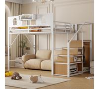 Lit mezzanine en métal 140 x 200 cm avec échelle intégrant un espace de rangement, panneaux en bois et filet, surface de rangement ; lit superposé, lit studio, lit mezzanine, lit pour enfant peu encom