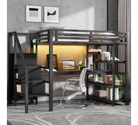 Lit mezzanine en métal 140 x 200 cm avec escalier, armoire ouverte, bureau intégré, rangements, station de recharge USB et éclairage LED ; noir.