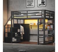 Lit mezzanine en métal 140 x 200 cm avec étagères, placards et armoire, éclairage LED, noir