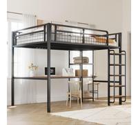 Lit mezzanine en métal 140 x 200 cm, lit pour enfants et adultes avec escalier de sécurité, table, étagère et barrière de sécurité en treillis métallique, noir