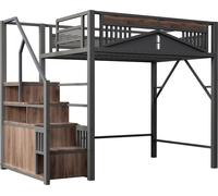 Lit mezzanine en métal 140 x 200 cm, structure de sécurité unique avec fenêtre, échelle de sécurité avec casier,