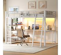 Lit mezzanine en métal 140x200 cm avec bureau, éclairage LED, station de charge USB, étagère à 4 niveaux, compartiments de rangement et panier de rangement, blanc