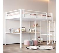 Lit mezzanine en métal 140x200 cm avec bureau, étagère et échelle de sécurité à marches, garde-corps de sécurité en grille métallique, lit pour adolescents et adultes, blanc
