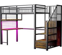Lit mezzanine en métal 90 x 200 cm, avec bande lumineuse et prise de recharge, avec échelle de rangement et armoire, complet avec étagères, bureau et étagère grillagée