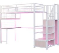 Lit mezzanine en métal 90 x 200 cm, avec bande lumineuse et prise de recharge, avec échelle de rangement et armoire, complet avec étagères, bureau et étagère grillagée