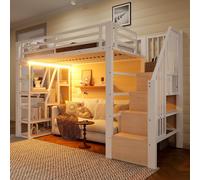 Lit mezzanine en métal 90 x 200 cm avec bandeau lumineux LED et escalier avec rangements - Lit haut pour enfant avec étagère, style industriel, structure en acier, blanc