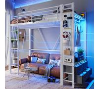 Lit mezzanine en métal 90 x 200 cm avec bureau à plateau perforé et bande LED, lit pour enfants et adolescents avec 4 tiroirs, station de recharge et tringle à vêtements, blanc