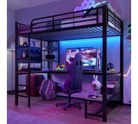 Lit mezzanine en métal 90 x 200 cm avec bureau, bande LED et port USB Type-C. Lit superposé moderne avec étagères en tôle perforée et barrière de sécurité. Noir