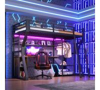 Lit mezzanine en métal 90 x 200 cm avec bureau et bande lumineuse LED, lit pour adolescent avec prise électrique, tringle à vêtements et étagères, sans matelas, noir