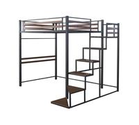Lit mezzanine en métal avec escalier ""LENA"" - 140 x 190 cm - Noir et marron noyer
