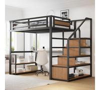 Lit mezzanine en métal Fortuna Lai 140*200 avec échelle de rangement, étagères et table, barrière de sécurité avec planches métalliques assemblées, cadre en fer haut avec structure métallique pour un 