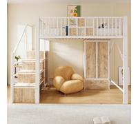 Lit mezzanine en métal Merax 140 x 200 cm avec armoire et échelle de rangement, lit d'enfant avec tiroirs, garde-corps en bois et métal, lit mezzanine moderne blanc