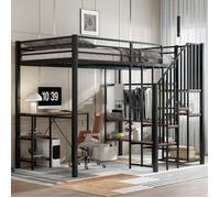 Lit mezzanine enfant 120x200 cm Lit simple en métal avec bureau étagères escalier de rangement armoire et sommier à lattes