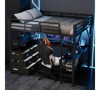 Lit mezzanine enfant 140x200,lit mezzanine avec bureau,lit enfant avec barriere,modèle enfant,Structure surélevée gaming en métal avec bureau en U,6 tiroirs en tissu,porte-vêtements et éclairage LED