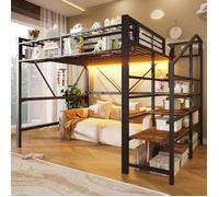 Lit mezzanine enfant 2 places 140×200 cm Lit ado adulte Lit double en métal avec éclairage LED escalier de rangement - noir