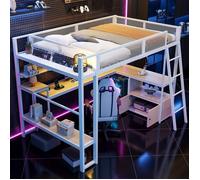 Lit mezzanine enfant 2 places 140x200 cm Lit ado Lit double en métal avec bureau éclairage LED ports USB étagères - blanc