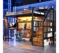 Lit Mezzanine Enfant 90 x 200 cm avec éclairage LED et Armoire,Bureau et 2 tiroirs, Lit Superposé Enfant avec étagère et Escalier Rangement, pour Enfants et Adolescents, sans matelas (Noir-05B)