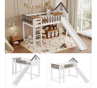 Lit mezzanine enfant 90 x 200 cm avec toboggan Lit simple avec toit, fenêtre et échelle droite à trois marches pin massif blanc