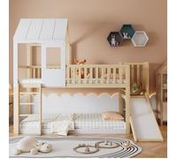 Lit mezzanine enfant 90 x 200 cm avec toboggan toit et fenêtre échelle droite pin et MDF naturel et blanc