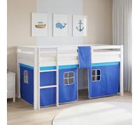 Lit mezzanine enfant 90x200 blanc bois avec rideau bleu, lit cabane Homestyle4u