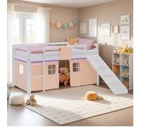Lit superposé 90x200 cm avec Toboggan Sommier Lit mezzanine en Bois Pin Massif Lit d'enfant Rideau Violet Pêche