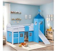 Lit superposé 90x200 cm avec Toboggan Sommier Lit mezzanine en Bois Pin Massif Lit d'enfant Rideau Tour Bleu