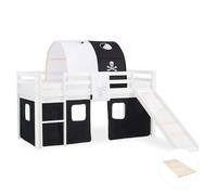 Lit Mezzanine Enfant 90x200 cm Blanc avec Rideau Noir | Tunnel | Toboggan | avec Sommier