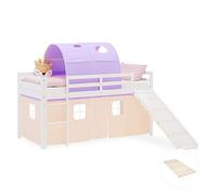 Lit superposé 90x200 cm avec Sommier Toboggan Lit mezzanine en Bois Pin Massif Lit d'enfant Rideau Tunnel Violet Pêche