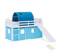 Lit mezzanine enfant 90x200 cm Blanc avec rideau & tunnel Bleu Toboggan avec sommier
